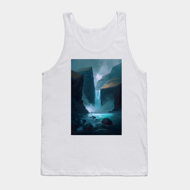 Painting - Low angle view of waterfall into the ocean of Faroe Islands in Europe, Tank Top by UmagineArts